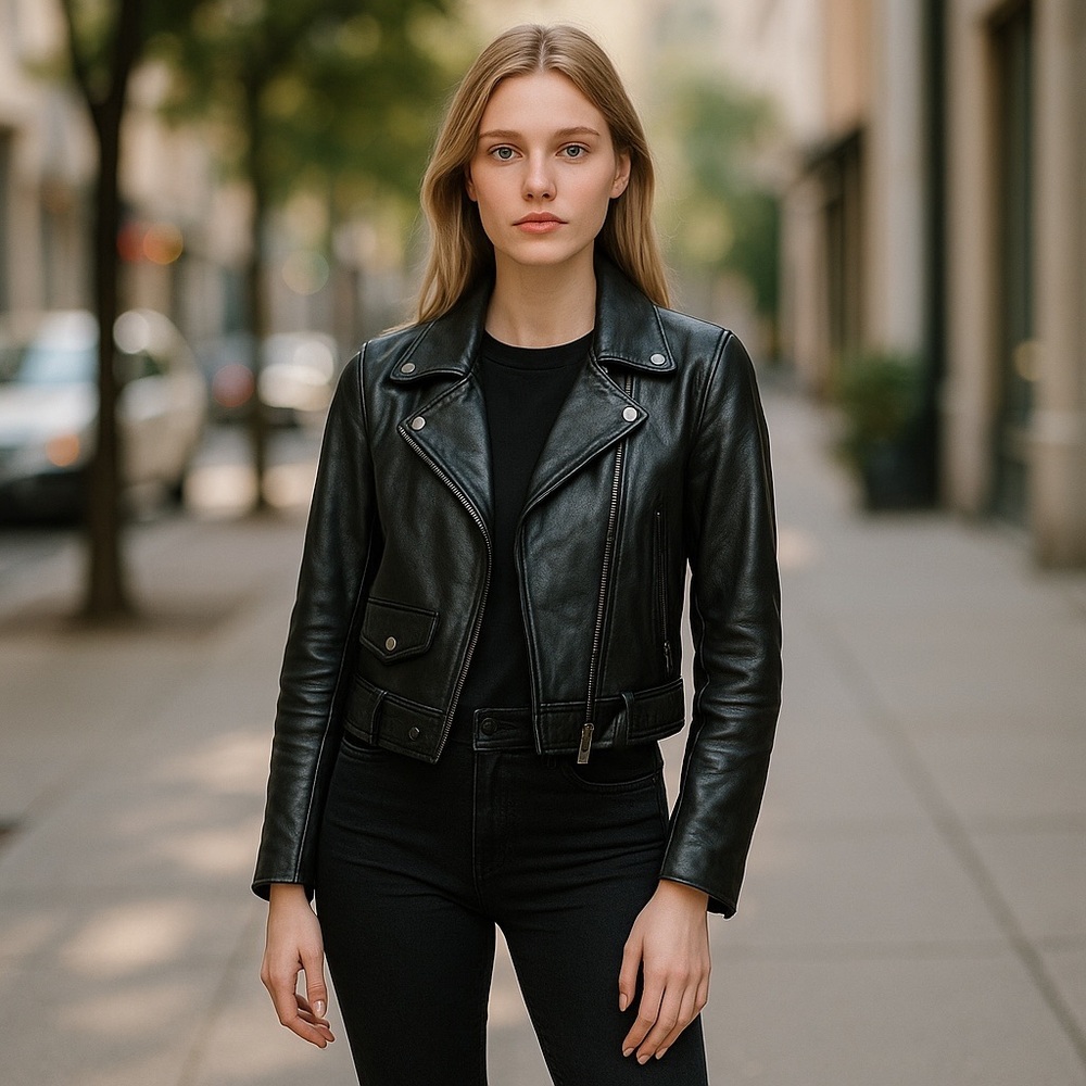Joes Collection Leather Jacket Full Zip Black Biker Size XS